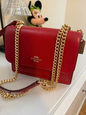 Coach Red Leather Crossbody with Gold Chain Strap